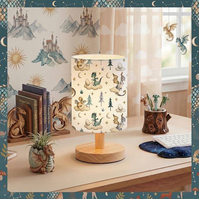 Cute Dragon Kids Table Lamp for Bedroom Kids Bedside Lamp with Linen Wooden Nightstand Cartoon Nursery Lampshade for Girls Boys Living Room