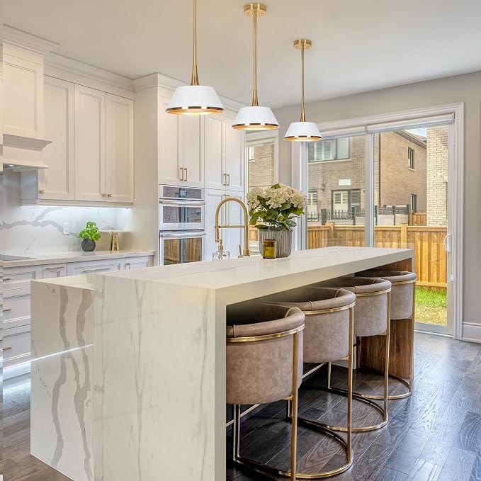 KSANA Pendant Lights Kitchen Island, 9'' White and Gold Metal Pendant Light Fixtures, Modern Plating Brass Kitchen Pendant Lighting Over Island