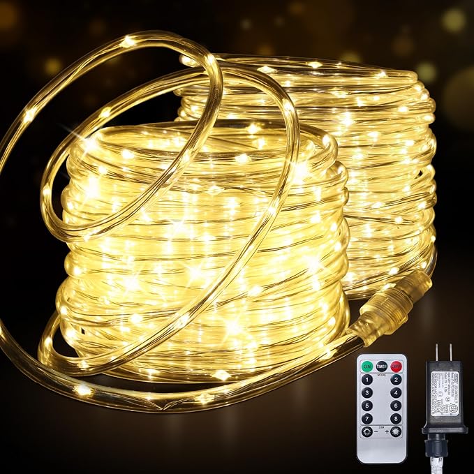 Connectable 100ft 600LED Rope Lights Plug in for Outdoor Indoor | End to End Tube Lights IP65 Waterproof with 8 Modes Remote Timer for Patio Backyards Garden Porch Pool Tree Decor, Warm White