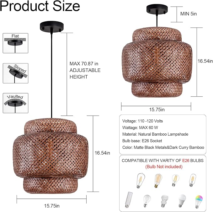 TeruTeru Ji Kaikang Bamboo Pendant Light,15.75" Curry Rattan Hanging Light | 1-Pack Brown Wicker Pendant Light,Hand Woven Chandelier for Kitchen Island Dining Bedroom Living Room Restaurants