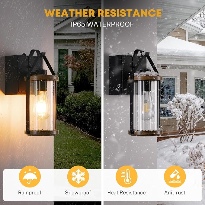 Porch Light with Outlet GFCI Dusk to Dawn Outdoor Lights for House Waterproof Exterior Lighting Fixtures Wood Look Glass Modern Front Porch Garage