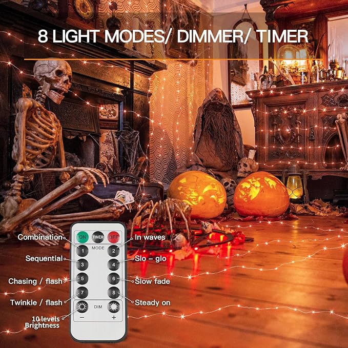 Orange Halloween Fairy Lights Battery Operated, 66ft 200 LED Copper Wire Twinkle Lights Waterproof, String Lights with Remote for Bedroom, Party, Yard, Door, Garland, Tree Decorations