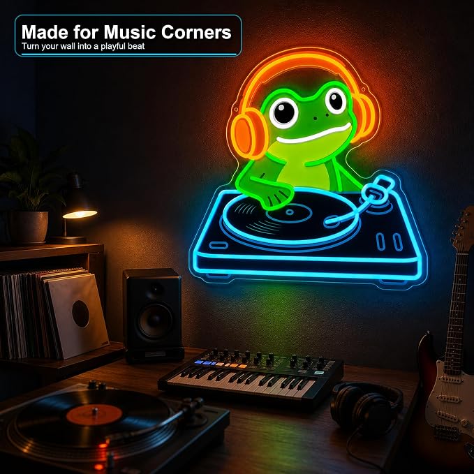 Frog DJ Neon Sign, Music Neon Signs for Wall Decor, Cute LED Light Up Sign for Bedroom, Game Room, Man Cave, Bar, Studio and Party Decor, USB Powered Dimmable Funny Wall Art Gift for DJ Music Lovers