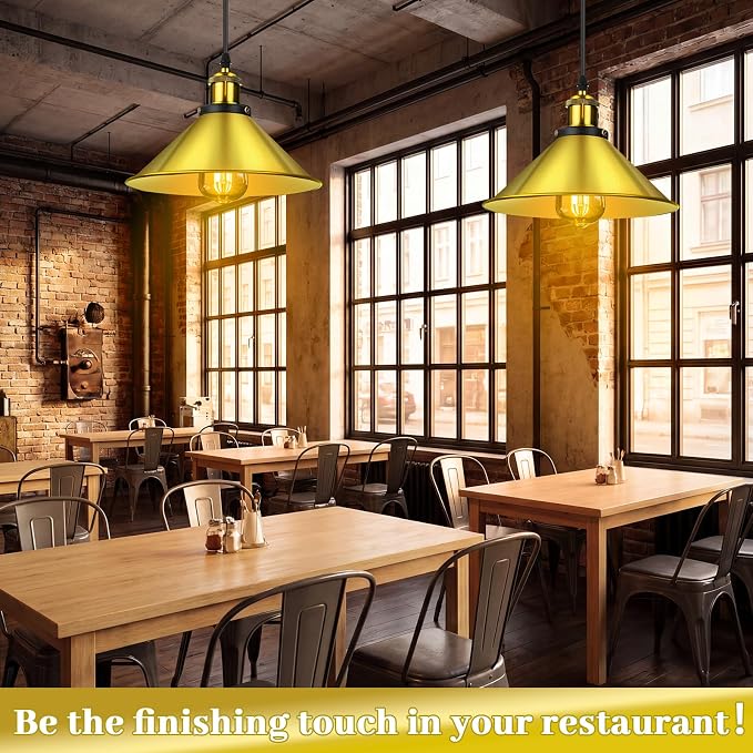 12 Pcs Industrial Pendant Light Vintage Metal E26 Base Hanging Light Rustic Dome Pendant Lamp Fixture Farmhouse Kitchen Hanging Ceiling Lamp for Dining Room Bedroom Hallway Bar (Gold)