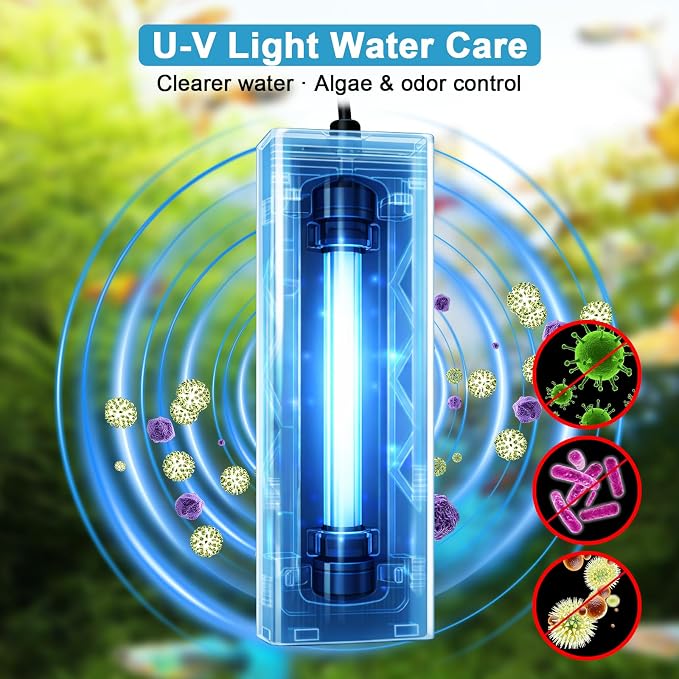 Harune 3W Aquarium U-V Light with Timer,Fully Submersible Design | For 4-25Gal Fish Tanks,4/8/12/24H Daily Timer,Lamp Life about 8,000 Hours