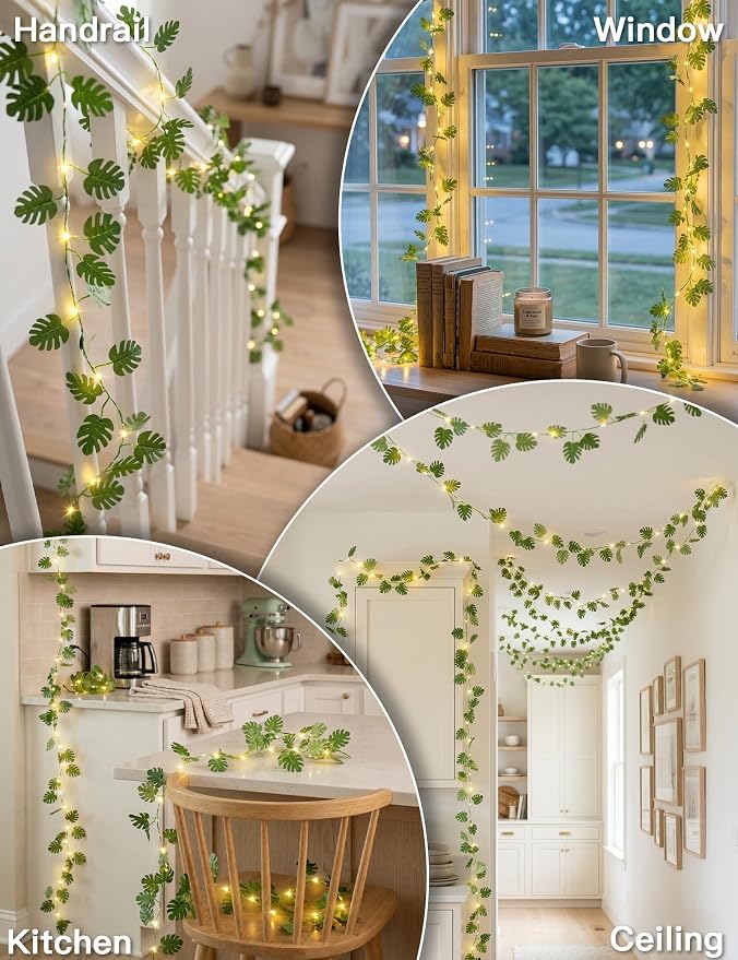 33FT Monstera Vines with Lights Battery & USB Powered Copper Wire | 100Led Leaves String Lights with Remote,Artificial Plants for Indoor, Bedroom,Wall,Party Tropical,Dorm Decor(Warm White)