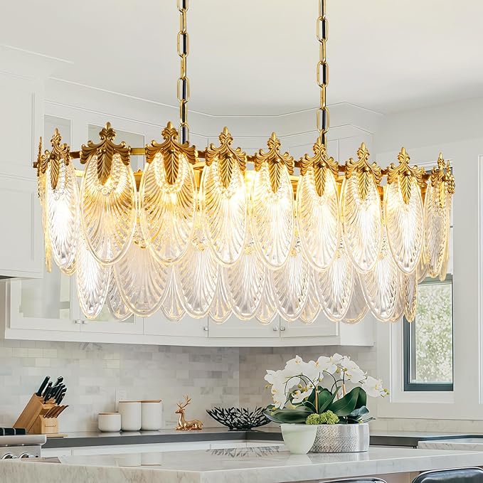 Rectangular Crystal Glass Dining Room Chandelier, 8 Light Gold Chandeliers Lighting Fixture, L33.5'' Height Adjustable Oval Ceiling Pendant Light for Office Coffee Over Table Kitchen Island