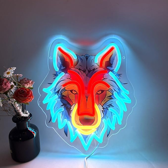 Wolf LED Neon Sign with Printed Backboard, Wild Animal Wall Decor, USB Powered Neon Light for Man Cave, Game Room,Boy Room, Bedroom & Modern Home Decor Holiday Birthday Gift