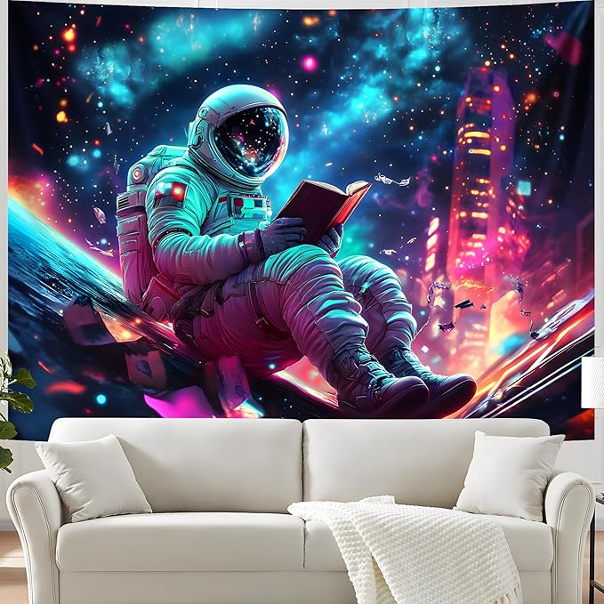 BVBOX Blacklight Space Astronaut Tapestry UV Reactive Galaxy Planet Glow in Dark Tapestries Black Light Poster Neon Wall Hanging Art for bedroom Living Room (Astronaut-UV-3M)