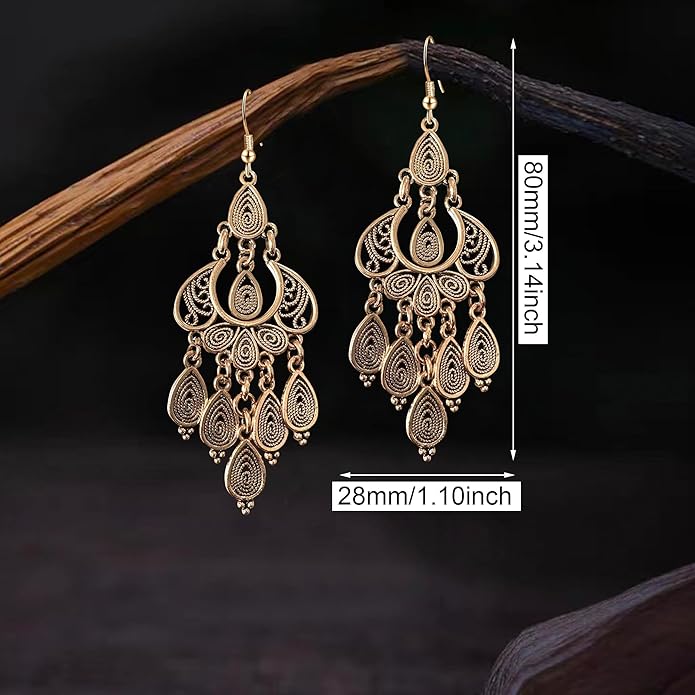 Unique Bohemian Vintage Bronze Chandelier Teardrop Flower Geometry Dangle Drop Earrings For Women