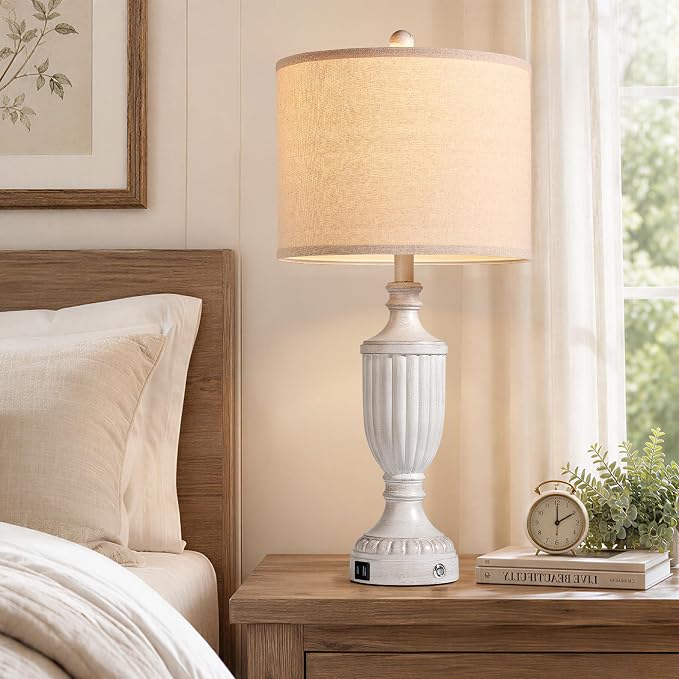 Farmhouse Table Lamps for Bedroom Set of 2, 27.5" Bedside Lamp with USB Ports, Dimmable Nightstand Table Lamp for Living Room