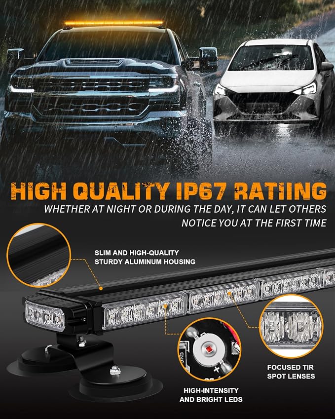 45.5" 128 LED Roof Strobe Lights Top Magnetic Amber Light Bar | Double Side Traffic Advisor Emergency Warning Hazard Safety Caution Lights for Tow Plow Trucks Construction Vehicles Wreckers