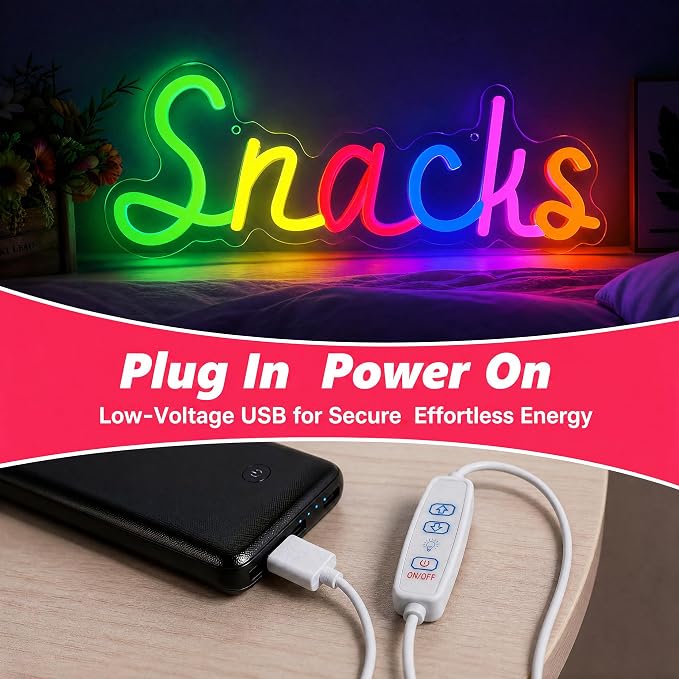 Snacks Neon Sign, Snack Bar Sign for Wall Decor, Candy Shop Movie Theater Decor, Dimmable USB Powered Colorful 15"x5.9"