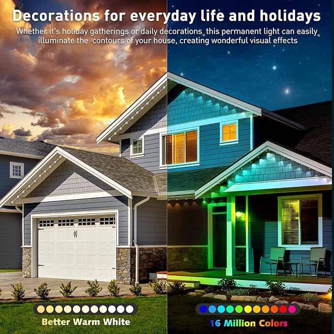 100FT Permanent Outdoor Lights, IP67 Waterproof for House Roof, Holiday, Party, Daily Lighting, Smart RGB Outdoor Lights with Remote APP Control & DIY Scenes