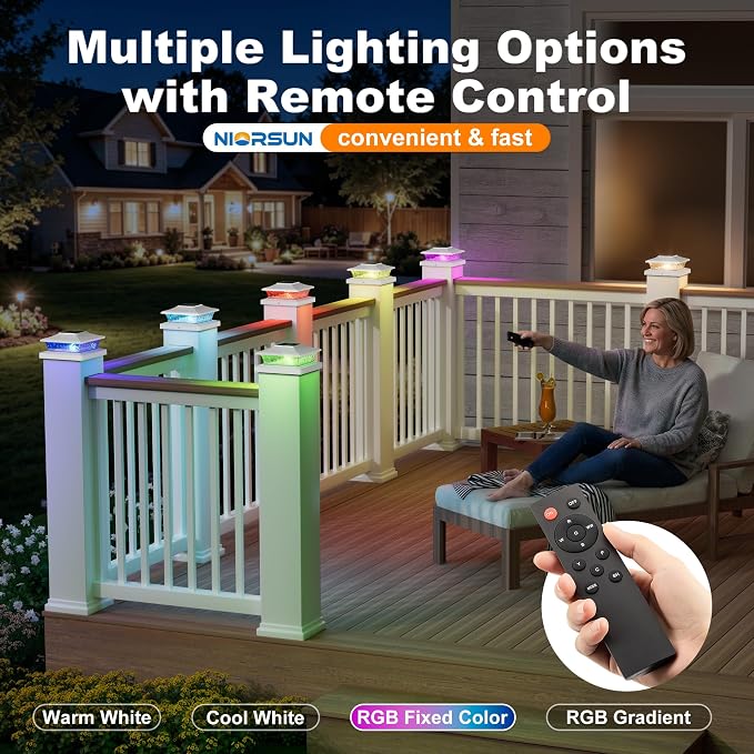4x4 Post Solar Lights Color Changing with Remote, 8 Pack White | RGB Solar Post Lights, 4x4 Post Caps Wood Vinyl,5x5 Vinyl & 6x6 Wood,IP64 Waterproof Fence Post Solar Lights Outdoor for Deck