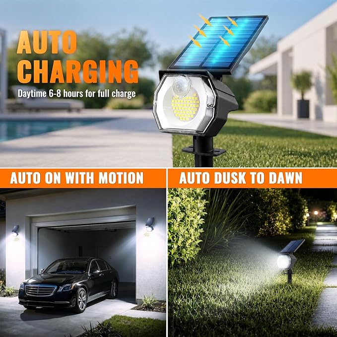 Clip-on Solar Spot Lights Outdoor with Motion Sensor for Pathway | 800LM SUPER BRIGHT 3-in-1 Install IP65 Waterproof Landscape Lighting with 3 Lighting Modes for Fence, Tree, Flag and Garage