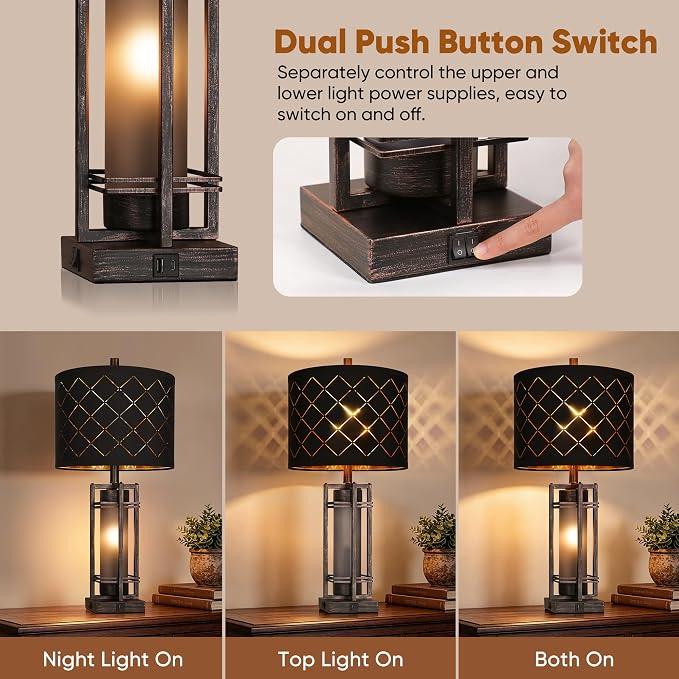 WIHTU 27'' Modern Table Lamp with Nightlight, Metal Bedside Lamps,Black ORB | Black Grid Shade, Square Base, LED Bulbs Included E26 Base, with USB Port, Rocker Switch, Desk Lamps for Living Room, Bedroom