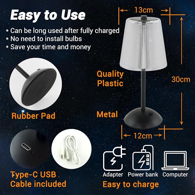 Cordless Table Lamp, 4000mAh Rechargeable Battery Operated Lamp, 3 Color Modes & Stepless Dimmable LED Touch Lamp, Portable Retro Metal Beside Lamps for Home Desk Bedroom Restaurant(Black) | 4000mAh Battery Operated, 3 Color Modes, Dimmable LED Touch B...