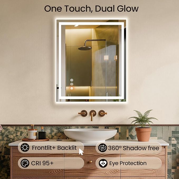 30x36 LED Bathroom Mirror with Anti-Fog, Backlit & Front Lights, Memory | Dimmable 3 Color CRI 95+ Shatterproof Tempered Glass ETL Listed for Safety Lighted Bathroom Vanity Mirror for Wall