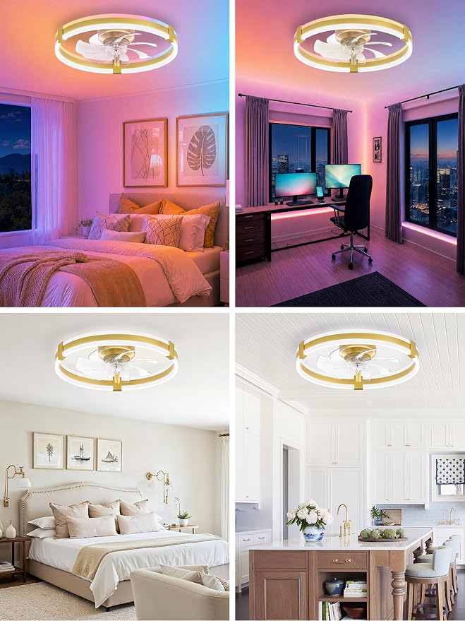 ZMISHIBO 20" RGB Low Profile Ceiling Fans with Lights and Remote, Gold | Custom RGB+3CCT Dimmable, 6 Speeds, Remote/App Control, Reversible DC Motor, Memory, Timer, Modern Fandelier for Kids/Bedroom