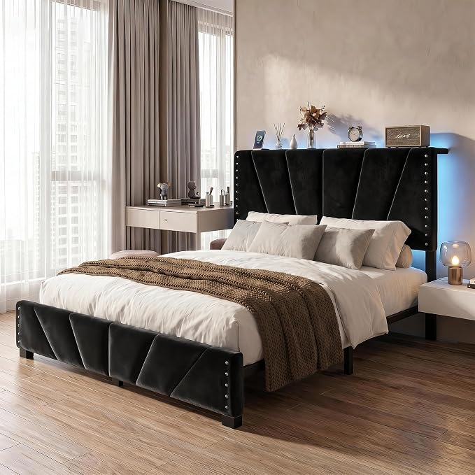 EnHomee Queen Bed Frame with LED Lights & USB, Noise-Free, Black | Adjustable Velvet Headboard，Under-Bed Storage，Heavy Duty Support with 12 Slats，No Box Spring Needed，Easy Assembly for Bedroom
