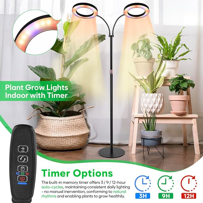 Grow Lights for Indoor Plants, 2-Head Plant Lamp & Height Adjustable, Black | Full Spectrum Floor Stand Plant Light for Large Tall Plants, 3/9/12H Timer, 10 Dimming, Modern Ring Grow Lamp for Home Décor