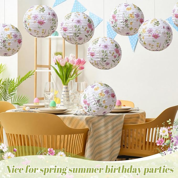 12 Pcs Floral Paper Lanterns Tea Party Decorations Flower Wildflower Spring Birthday Party Decoration Flower 10 Inch Hanging Round Paper Lanterns for Wedding Bridal Shower Baby Shower Decor