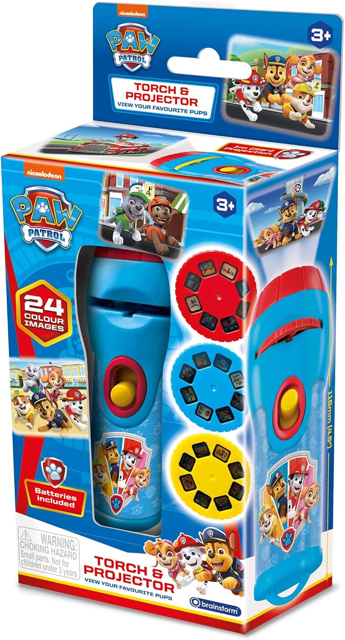 Brainstorm Paw Patrol Nickelodeon Torch & Projector - Handheld Flashlight & Image Toy, 24 Color Cartoon Themed Images, Project 1 Meter, Kids Ages 3+