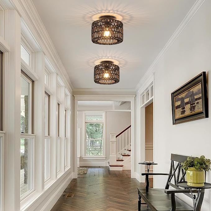 Rattan Ceiling Light, Black Flush Mount Ceiling Light, Boho Light Fixture for Bedroom Kitchen Hallway Entryway, 1 Light