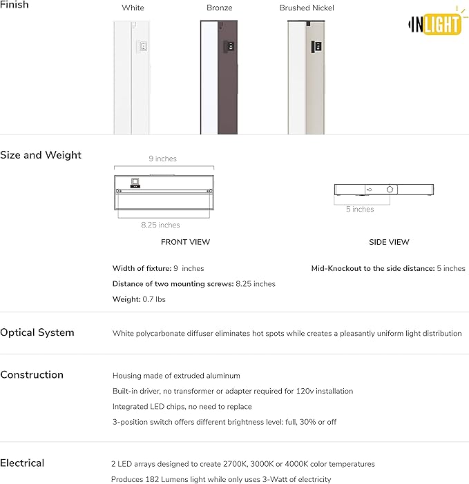 Getinlight 9-inch 3 Color Levels LED Under Cabinet Lighting, Hardwired or Plugged-in, Selectable White 2700K/3000K/4000K, Dimmable, Brushed Nickel Finished, IN-0210-0-SN