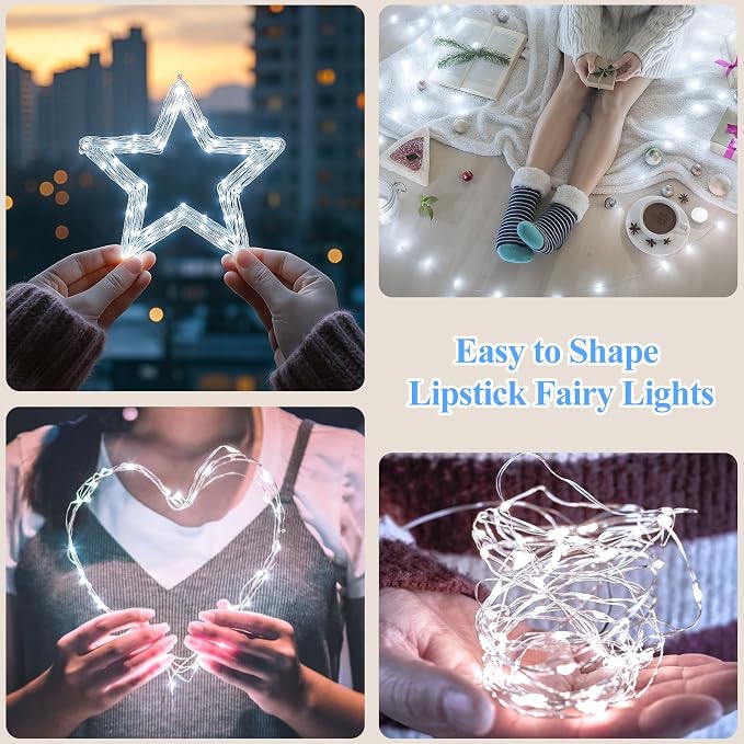 66FT(33×2) Cool White Rechargeable Fairy Lights, 8 Modes Waterproof Copper Wire String Lights with Timer for Bedroom Christmas Wedding Centerpiece Decor