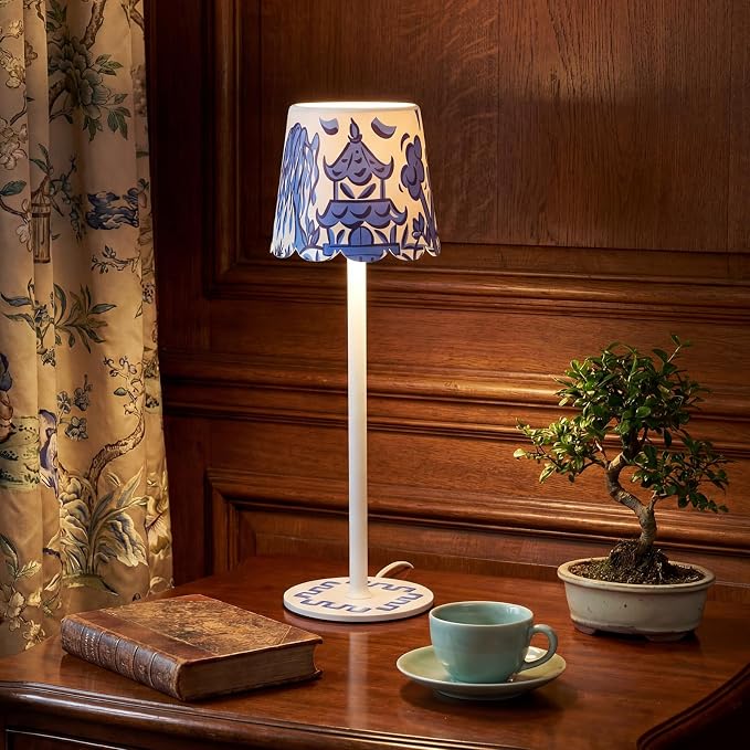Pickmesh 1 Pack Chinoiserie Mahjong Lamp Scalloped Edge Chinoiserie LED Cordless Table Lamp 3 Color Modern Rechargeable Lamps for Mah Jong Table Living Room Nightstand Desk
