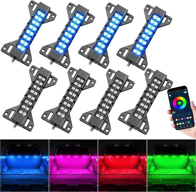 Truck Bed Lights RGB LED Bed Light Kits Bluetooth Control Rear Cargo Lights Pickup Lighting Cargo Accessories for Ram 1500 2500 3500 F150 250 350 Pickup Toyota Chevy RV Vans