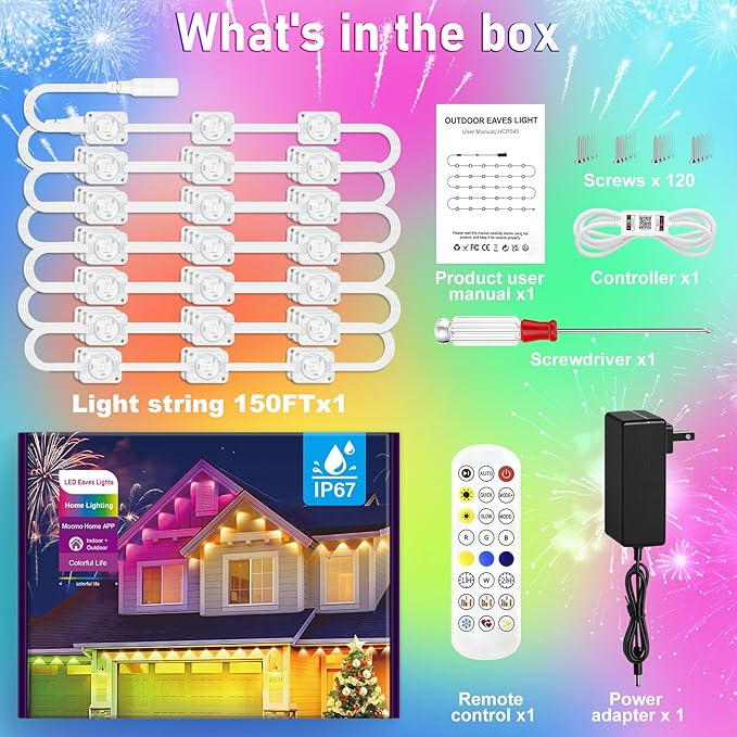 MUCCCUTE Permanent Outdoor Lights for Valentines150ft RGB + IC Eaves Lights with App & Remote Control, Outdoor String LED IP67 Waterproof for Holidays New Year July 4th Roof Eaves House Garden Decor