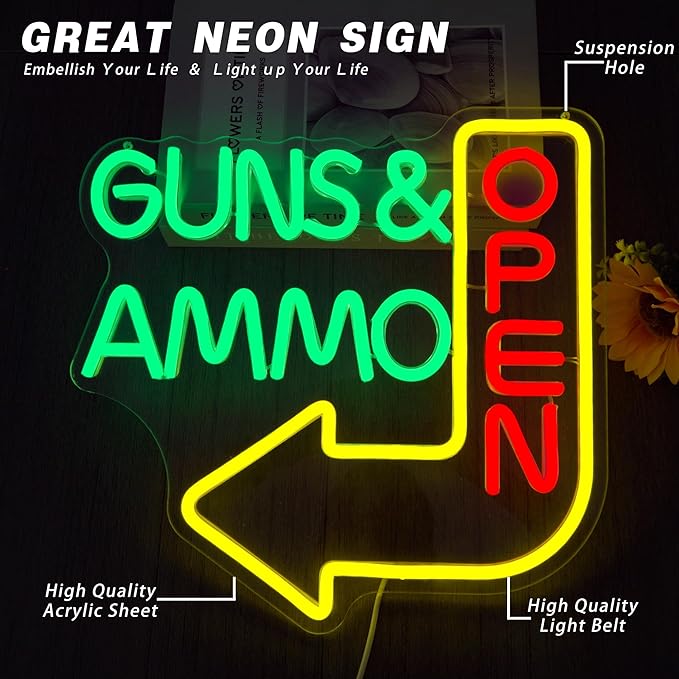 Open Neon Sign - Guns Ammo Store LED Light for Wall Decor Dimmable Gun Signs Lamp for Gun Store, Ammo Shop, Shooting Range Bright Green & Red Lighting for Shop Entrance(12.6 * 12.5inch)