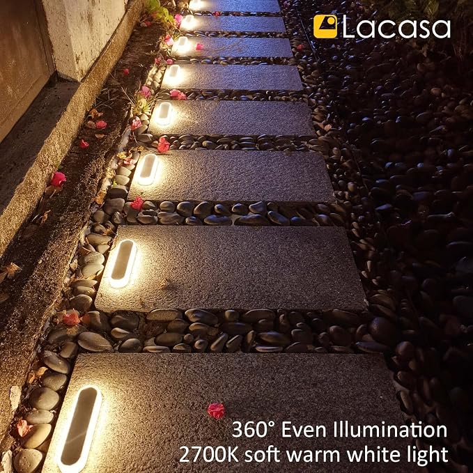 Lacasa Solar Deck Lights, 4 Pack 40LM Solar Powered Step Lights, LED Dock Light Warm White 2700K Outdoor In-Ground Lights IP68 Waterproof Auto ON/Off for Garden Stairs Driveway Pathway Lighting