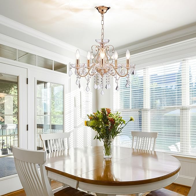 Saint Mossi 5 Light Crystal Chandelier Light Fixture, Modern Gold Crystal Pendant Light, French Gold Raindrop Chandelier for Dining Room, Bedroom,Living Room, H17 x D20