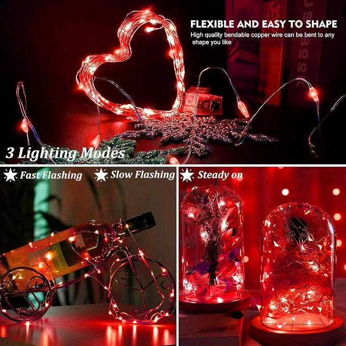 AIKEI 24 Pack LED Fairy Lights Battery Operated, Mini String Lights Waterproof 7ft 20 Led Firefly Starry Lights for Valentines Day Wedding Party Bedroom Garden Christmas Decoration Red