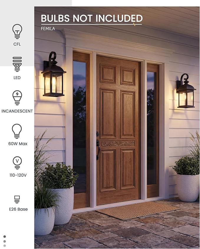 FEMILA 21" Outdoor Wall Light Fixture, 2 Pack Modern Outdoor Wall Sconce, Rust-Proof Waterproof Wall Light with Seeded Glass, Ideal for Porch, Patio, Entryway, Garage, 4FD54B2-2PK BK