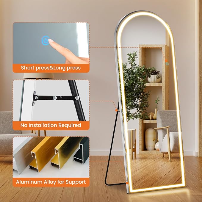 Sweetcrispy Arched LED Full Length Floor Mirror, 71"x26" Full Body Mirror | Standing Mirror with Dimming & 3 Color Lighting, Shatterproof Tempered Glass, Wall Hanging or Leaning for Home Decor, White