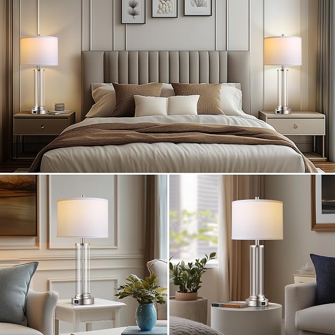 QiMH Touch Control Table Lamps Set of 2 with USB A+C Ports, 3-Way Dimmable Bedside Lamp for Living Room Bedroom House, Modern Nightstand Lamp with 2 LED Bulbs | 2 Dimmable LED Bulbs, USB A+C Charging Ports, Modern Silver Glass Lampshade, Seamless Dimmi...