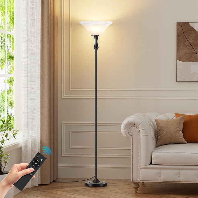 Dimmable LED Torchiere Floor Lamp with Glass Shade | Standing Lamp with Remote & Knob Switch, 3 Color Temperatures, 9W Bulb Included, 69.3" Tall for Living Room, Bedroom & Office