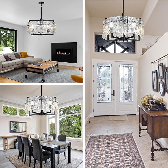 IKK Modern Black Crystal Chandeliers for Dining Room, Luxury Water Ripple Glass Light Fixture, Elegant Farmhouse Round Lighting for Kitchen Island, Bar Table, D20