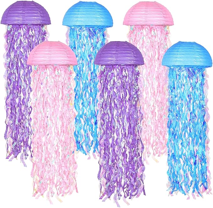 10" Mermaid Jellyfish Lanterns – Pink Purple Blue Decorations for Ocean Princess Birthday Party, Under the Sea Theme, Baby Shower, Ocean & Beach Room Hanging Decor (Set of 6)