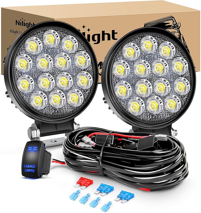 Nilight 2Pcs 4.5Inch LED Pods 42W 4200LM Round Flood Light Off Road Lights Fog Lights 12V 5Pin Rocker Switch Wiring Harness Kit-2 Leads, 2 Years Warranty