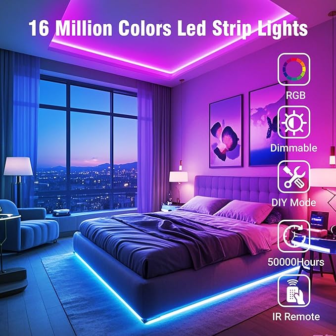 VOLIVO 100FT LED Strip Lights for Bedroom RGB Color Changing | 24-Key IR Remote Control, Smart App Control, Music Sync, Room Home Decor Lighting