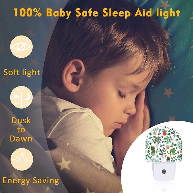 Green Potted Plants Night Light, Home Botanical Floral Leaves Dusk to Dawn Night Light Plug in,0.5w Energy Saving Sleep Friendly Nightlights for Kids Boys Girls Home