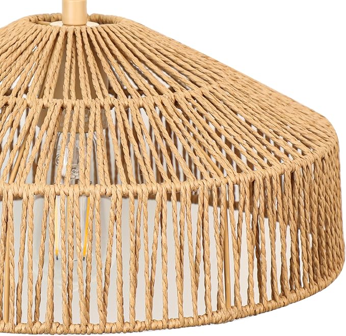 Qingmiao Boho Plug in Pendant Light, Handwoven Shade, 3 Way Bulb, 14ft Cord | Rattan Hanging Lamp Plug in, Dimmable Hanging Light Fixture for Living Room Bedroom Kitchen Ceiling Farmhouse Home Decor