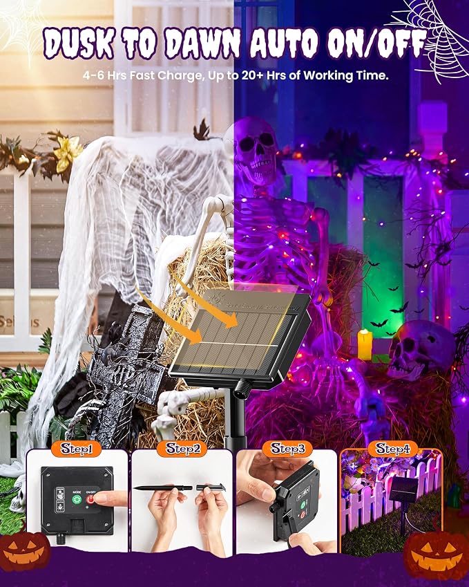 Minetom Solar Halloween Lights, 4 Pack Total 132Ft 400 LED String Lights | Solar Fairy Lights Outdoor Waterproof with 8 Modes, Twinkle Lights for Patio Yard Garden Tree Patry DIY Decor (Orange&Purple)