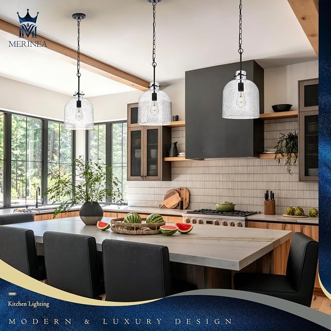 Farmhouse Black Pendant Light – 10" Seeded Glass Dome Hanging Lighting, Hand-Blown Bubble Glass Shade, 1-Light E26 Pendant Lights for Kitchen Island, Dining Room, Hallway